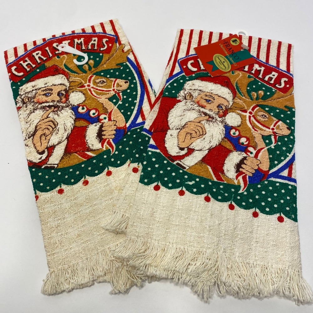 Franco Kitchen Towel Red NEW Vintage Santa Reindeer Christmas 2pk